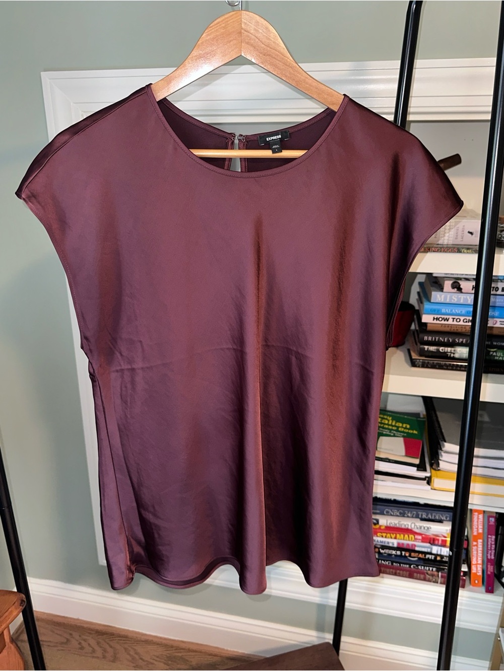 NWOT Express Plum Satin Cap-Sleeve Blouse